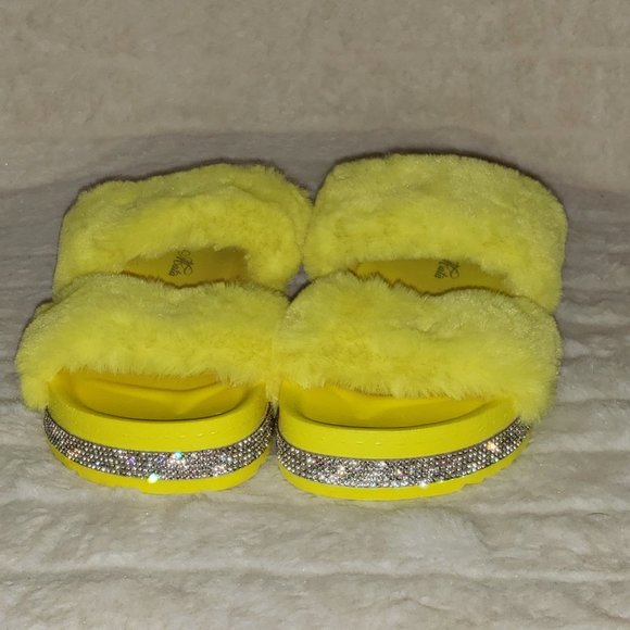 Fur Baby Yellow Soft Furry Double Band Slip on Rhinestone Trim Sandals Slippers - Picture 14 of 14